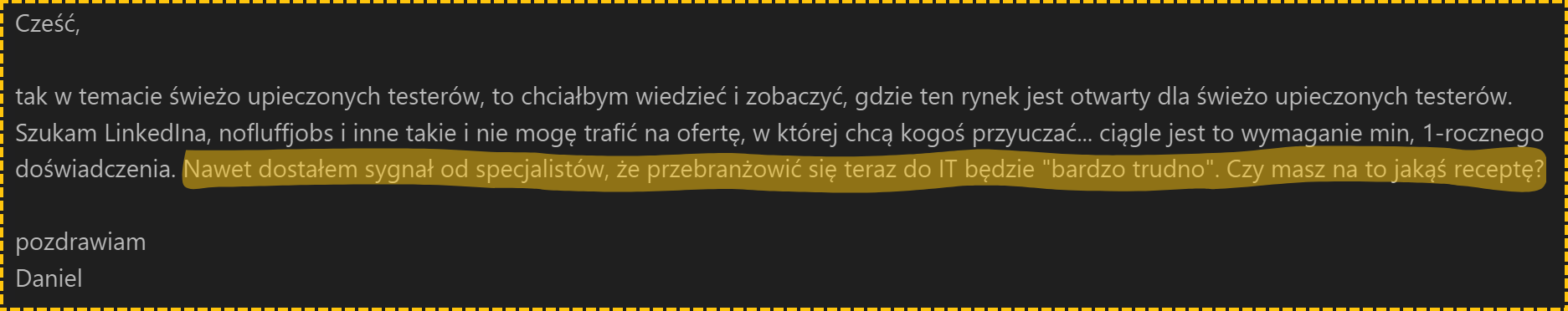 Wiadomość od Daniela - brak odpowiedzi na CV